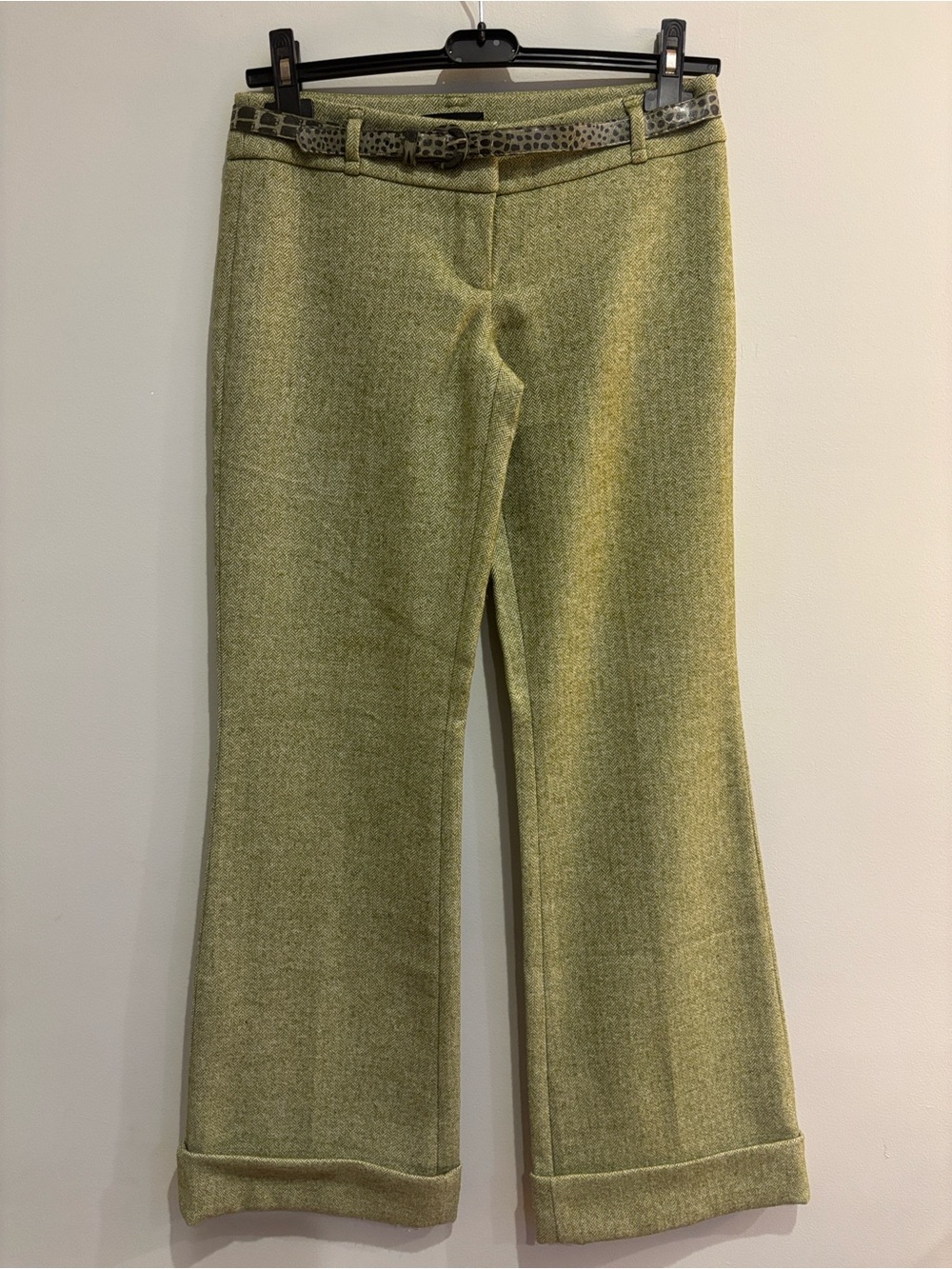 Vintage Bebe Green Herringbone Tweed Flare Pants with Belt Y2K Size 4